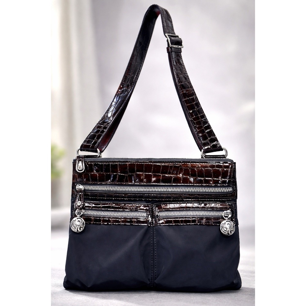 Brighton Go-Go Black Nylon Brown Croc Leather Crossbody Bag Adjustable‎ Strap